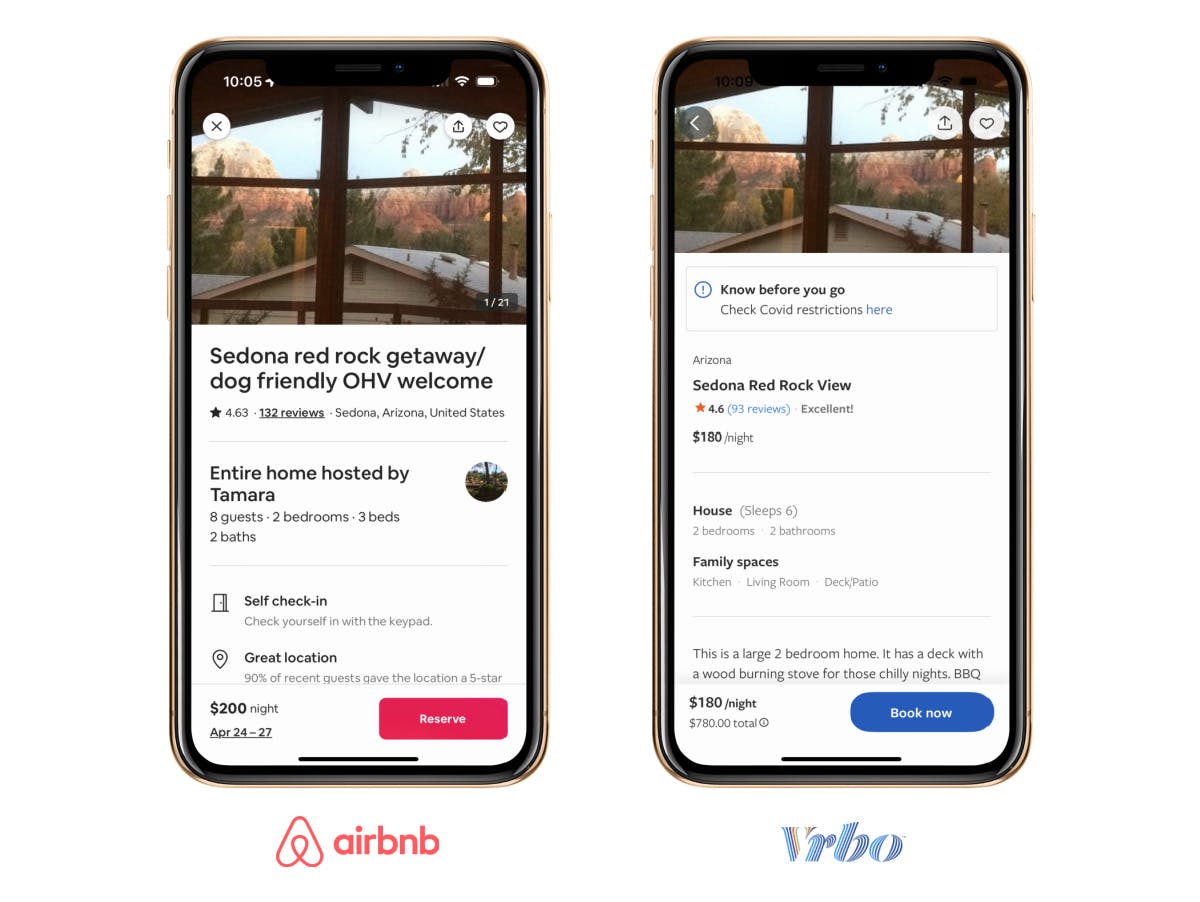 A smartphone on the left showing an airbnb home for $200 a night, and a smartphone on the right showing the same home on Vrbo for $180 a night