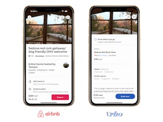 A smartphone on the left showing an airbnb home for $200 a night, and a smartphone on the right showing the same home on Vrbo for $180 a night