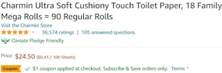 An Amazon screenshot of Charmin toilet paper pricing