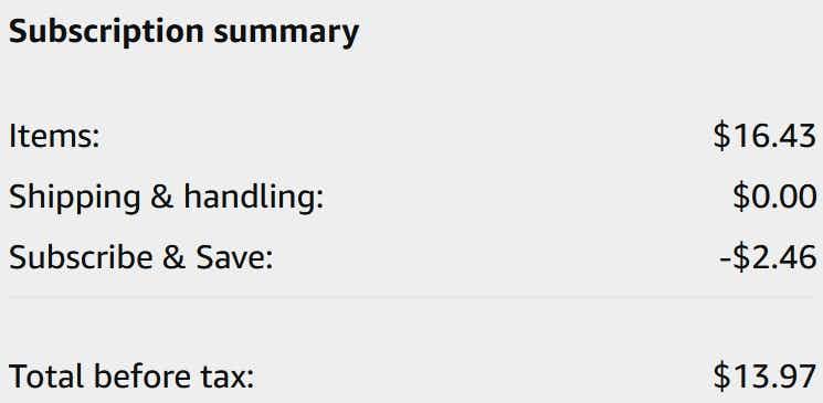 An Amazon subscription summary ending in $13.97
