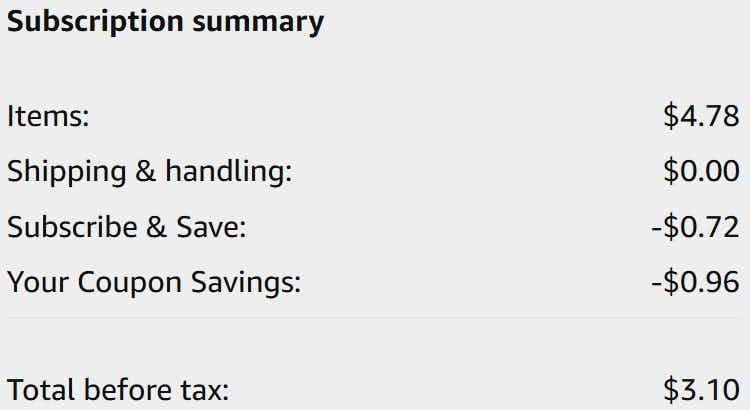 An Amazon subscription summary ending in $3.10
