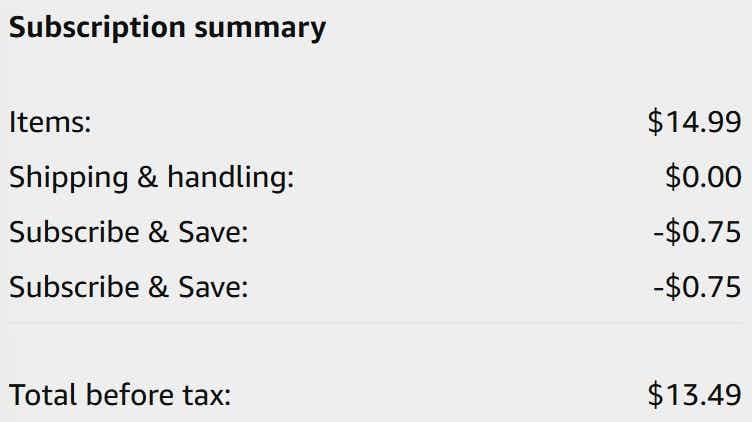 An Amazon subscription summary ending in $13.49