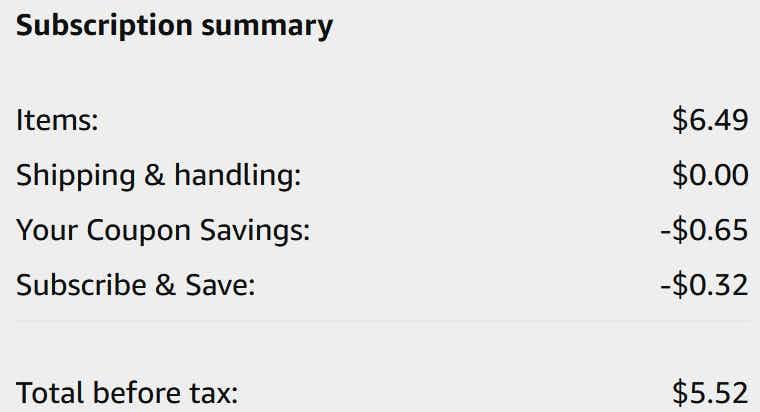 An Amazon subscription summary ending in $5.52.