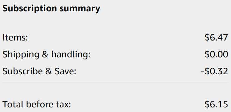 An Amazon subscription summary ending in $6.15
