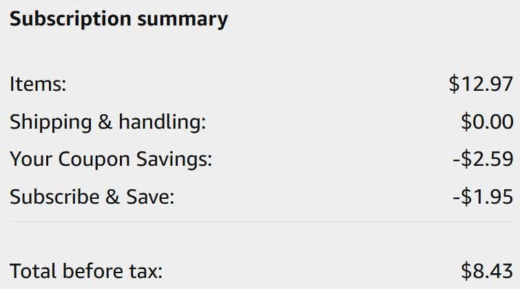 An Amazon subscription ending in $8.43