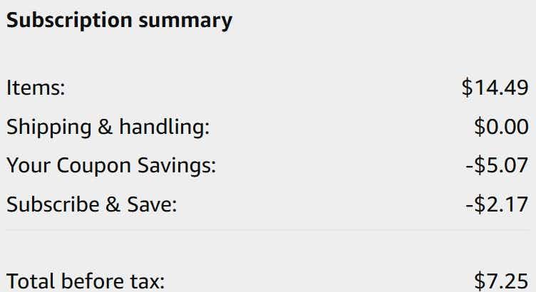An Amazon subscription summary ending in $7.25.