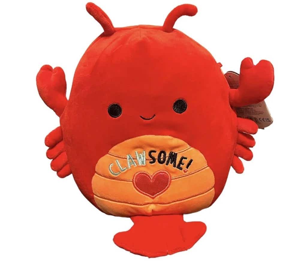 An Aneta the Red Lobster Valentine's Day Squishmallow with "Clawsome" on the tummy