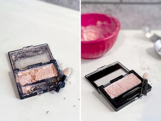 broken eyeshadow palette alongside diy fixed palette