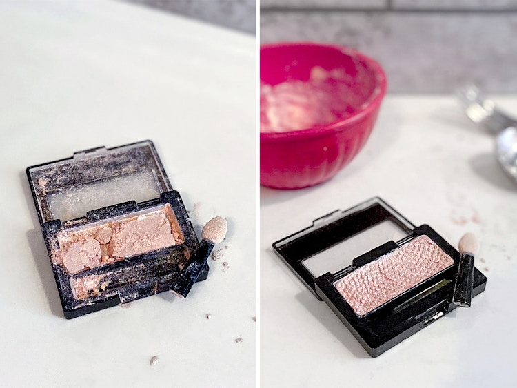 broken eyeshadow palette alongside diy fixed palette