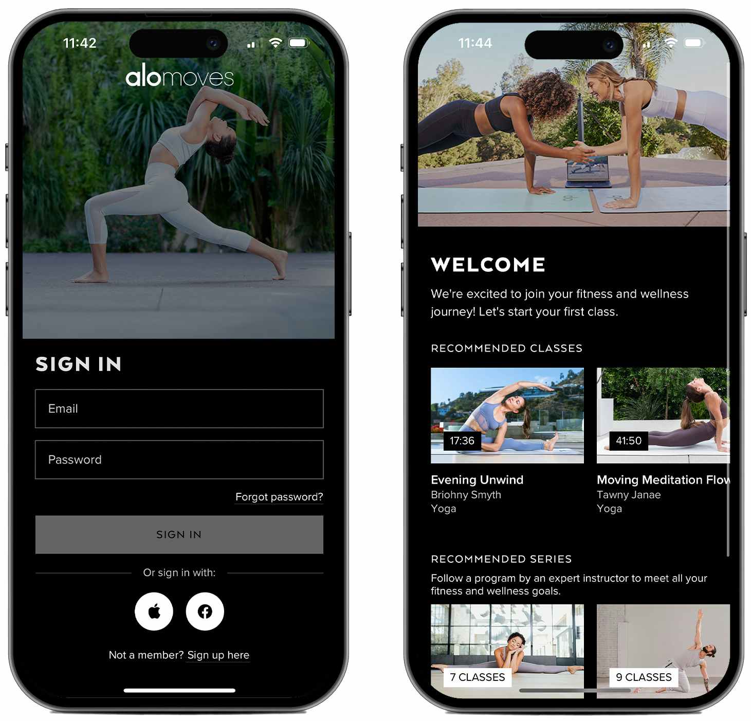 Screenshots from the AloMoves fitness app on two iPhone screens