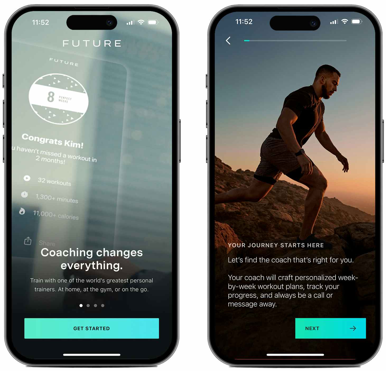 Screenshots from the Future fitness app on two iPhone screens