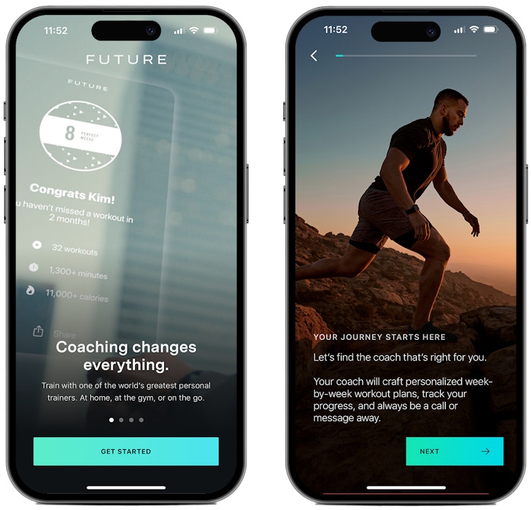 Screenshots from the Future fitness app on two iPhone screens
