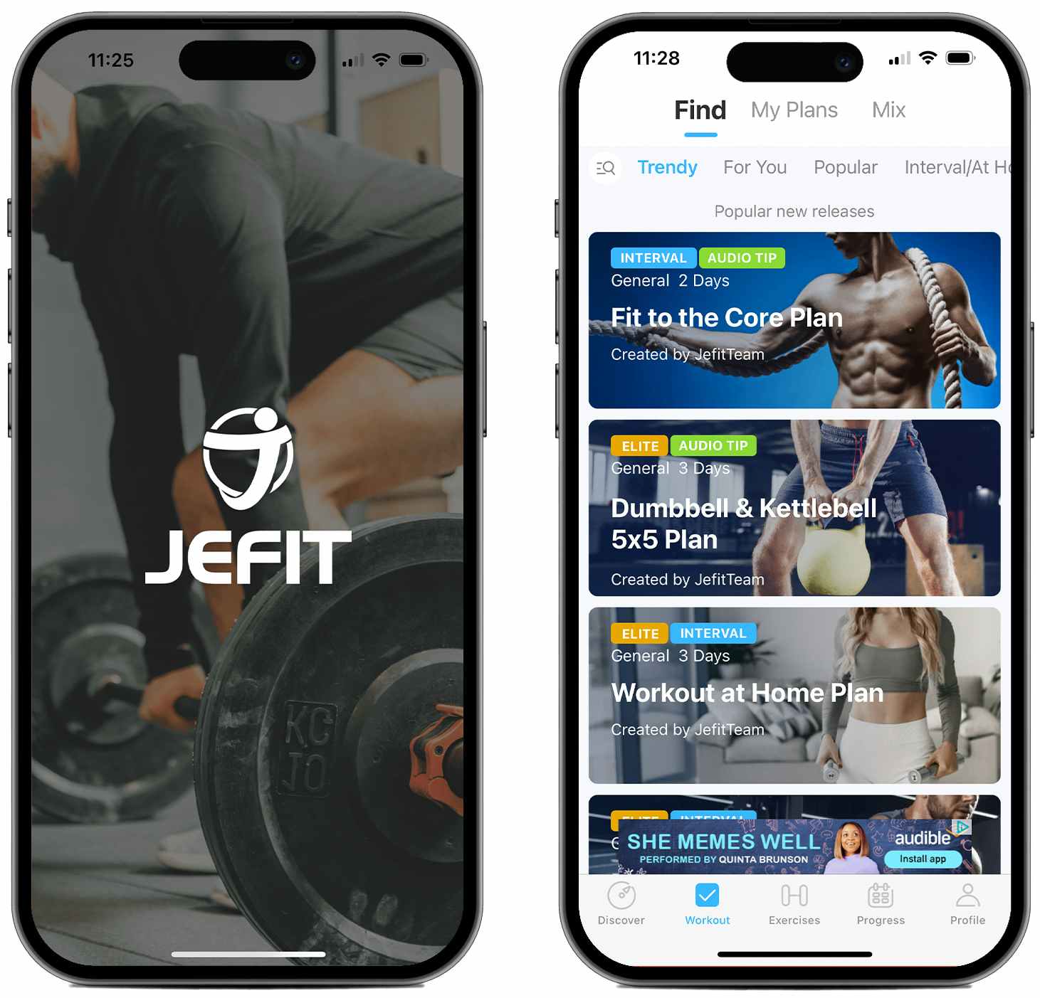 Screenshots from the Jefit fitness app on two iPhone screens