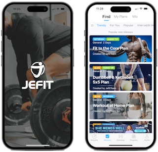 Screenshots from the Jefit fitness app on two iPhone screens