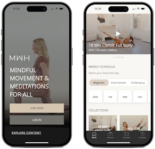 Screenshots from the Melissa Wood Health fitness app on two iPhone screens