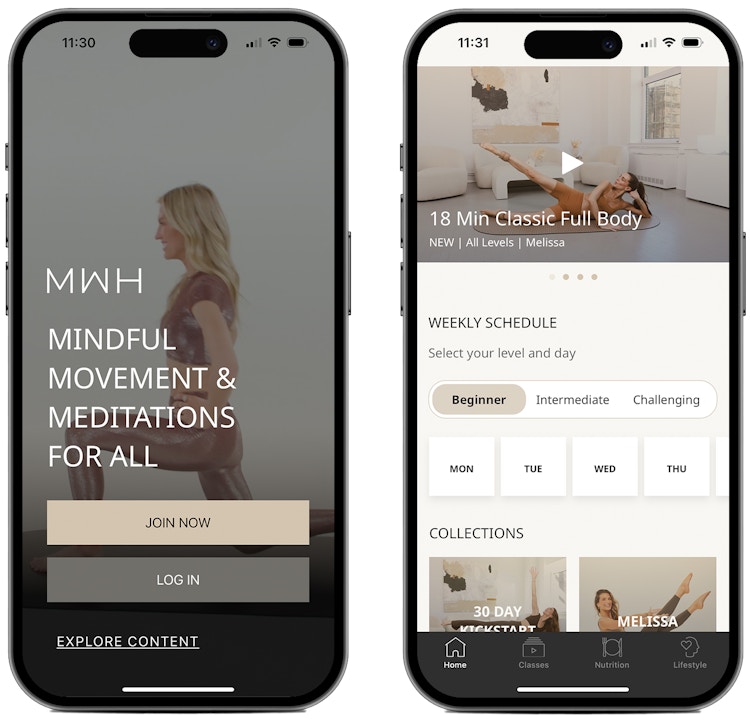 Screenshots from the Melissa Wood Health fitness app on two iPhone screens