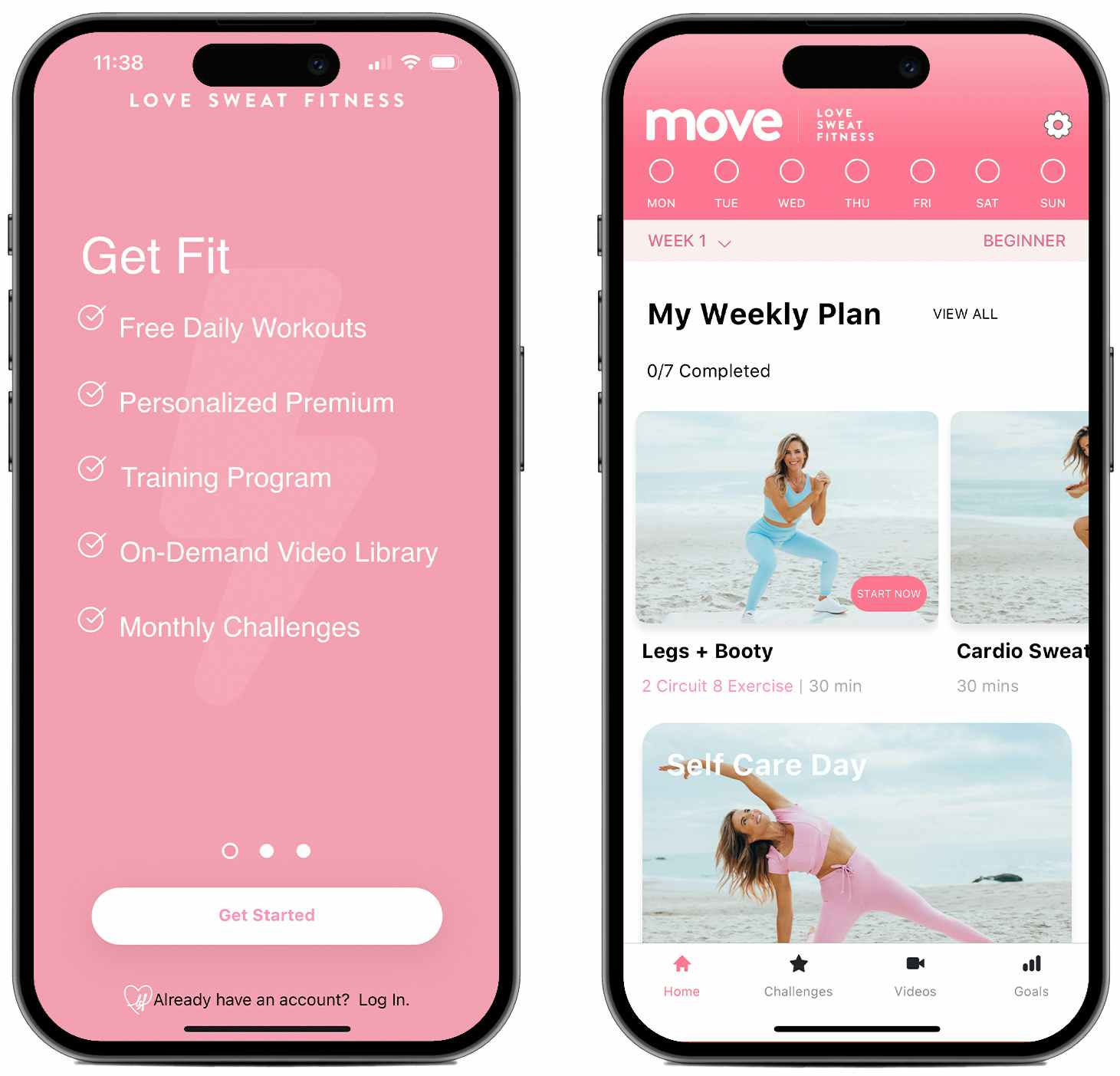 Screenshots from the Move by Love Sweat Fitness fitness app on two iPhone screens