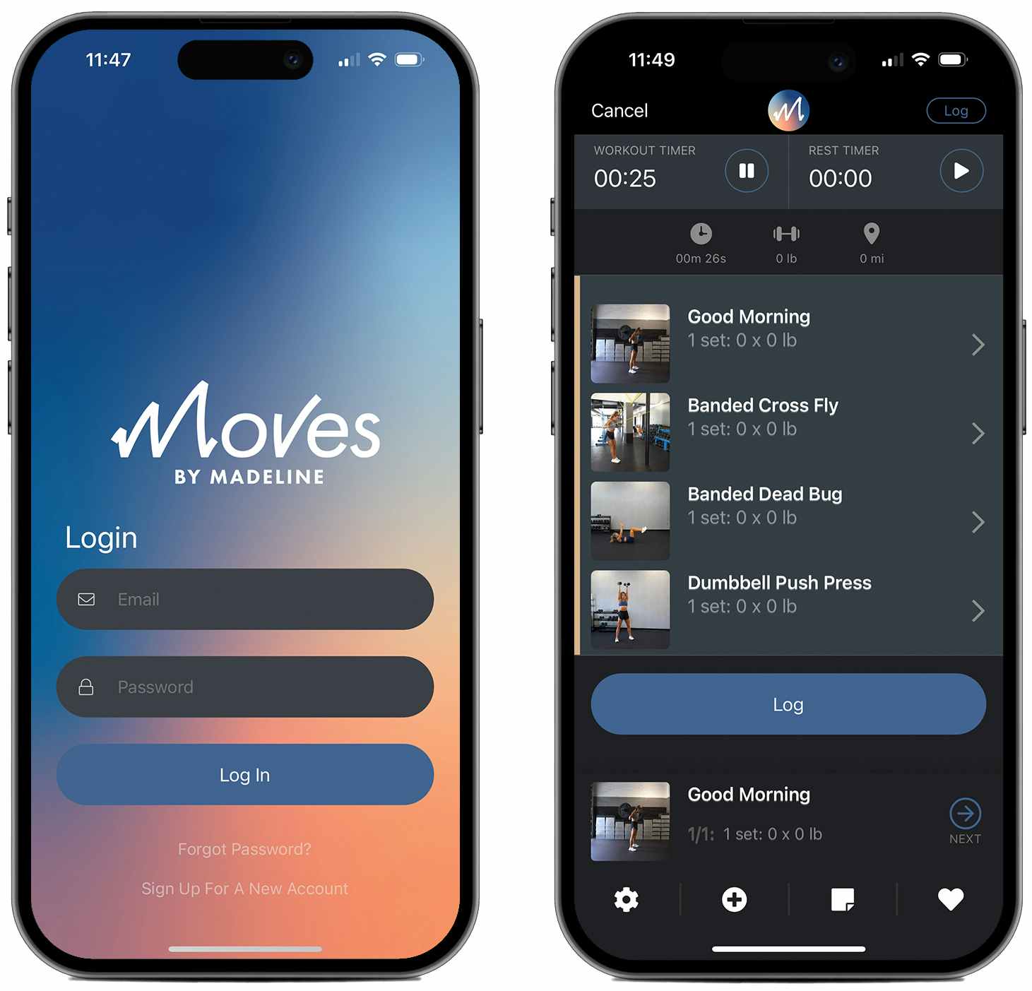 Screenshots from the Moves by Madeline fitness app on two iPhone screens