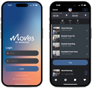 Screenshots from the Moves by Madeline fitness app on two iPhone screens