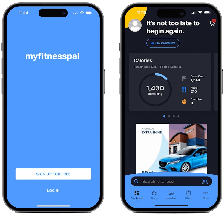 Screenshots from the MyFitnessPal fitness app on two iPhone screens