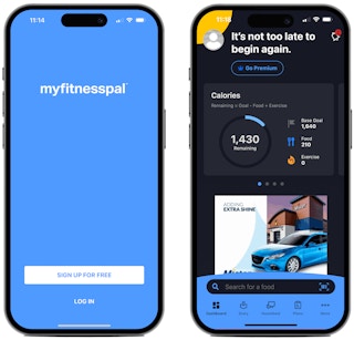 Screenshots from the MyFitnessPal fitness app on two iPhone screens