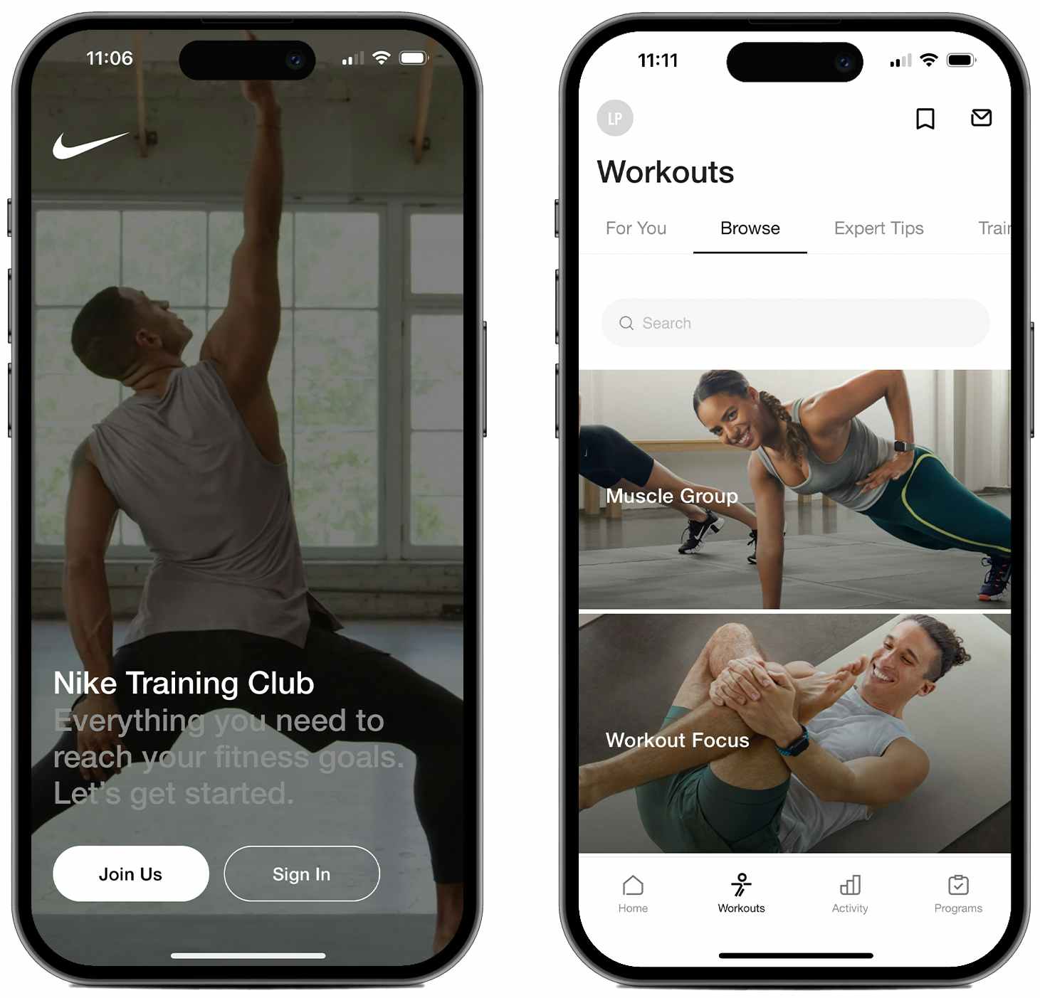 Screenshots from the Nike Workout Training Club fitness app on two iPhone screens
