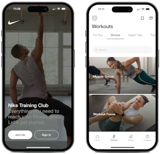 Screenshots from the Nike Workout Training Club fitness app on two iPhone screens