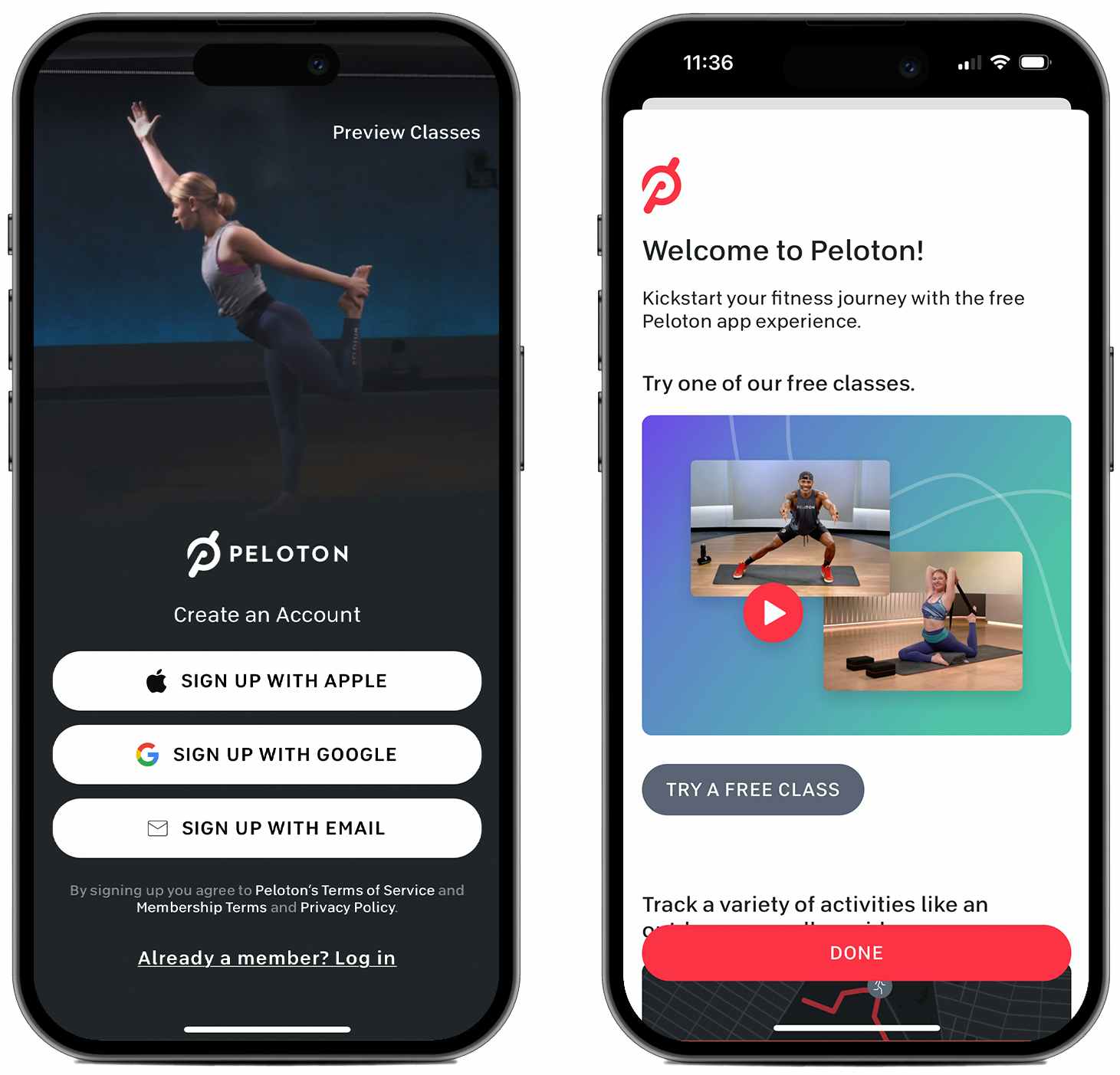 Screenshots from the Peloton fitness app on two iPhone screens