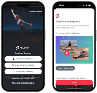Screenshots from the Peloton fitness app on two iPhone screens