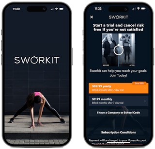 Screenshots from the Sworkit fitness app on two iPhone screens