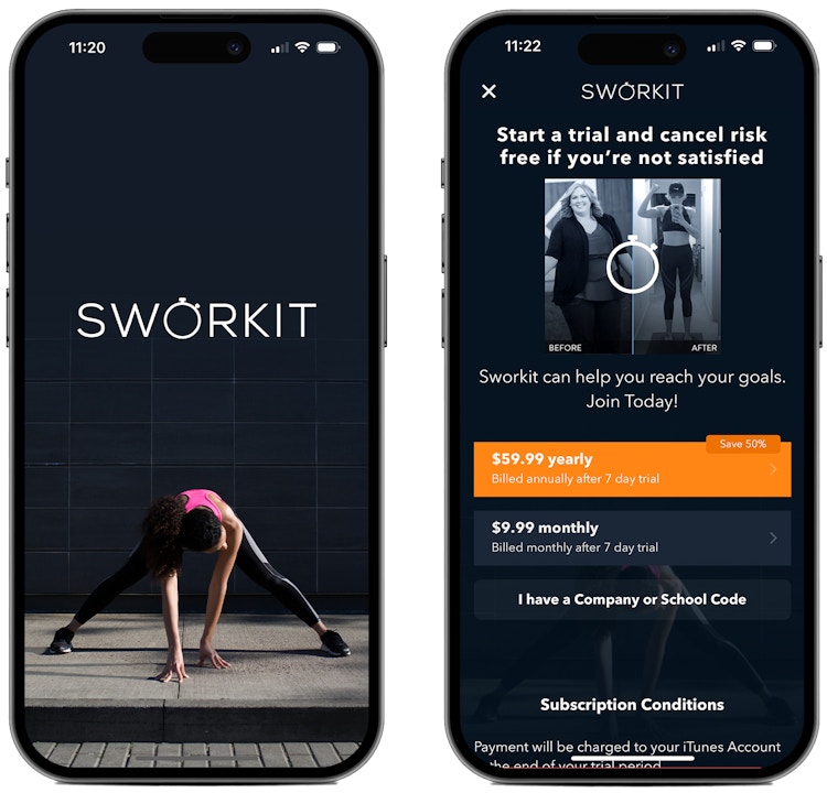 Screenshots from the Sworkit fitness app on two iPhone screens