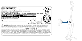 Bissell product label and a diagram showing where to find it.