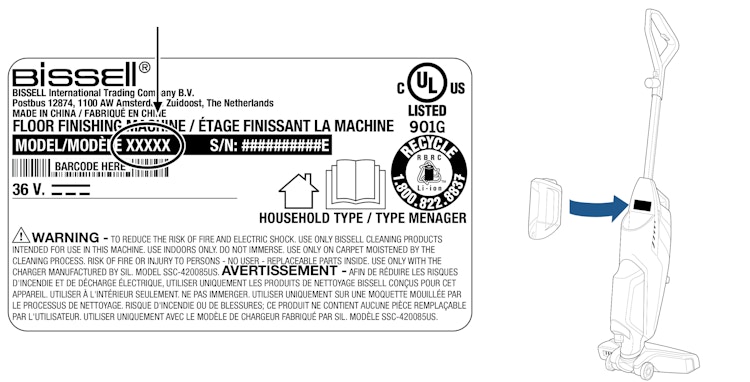 Bissell product label and a diagram showing where to find it. 
