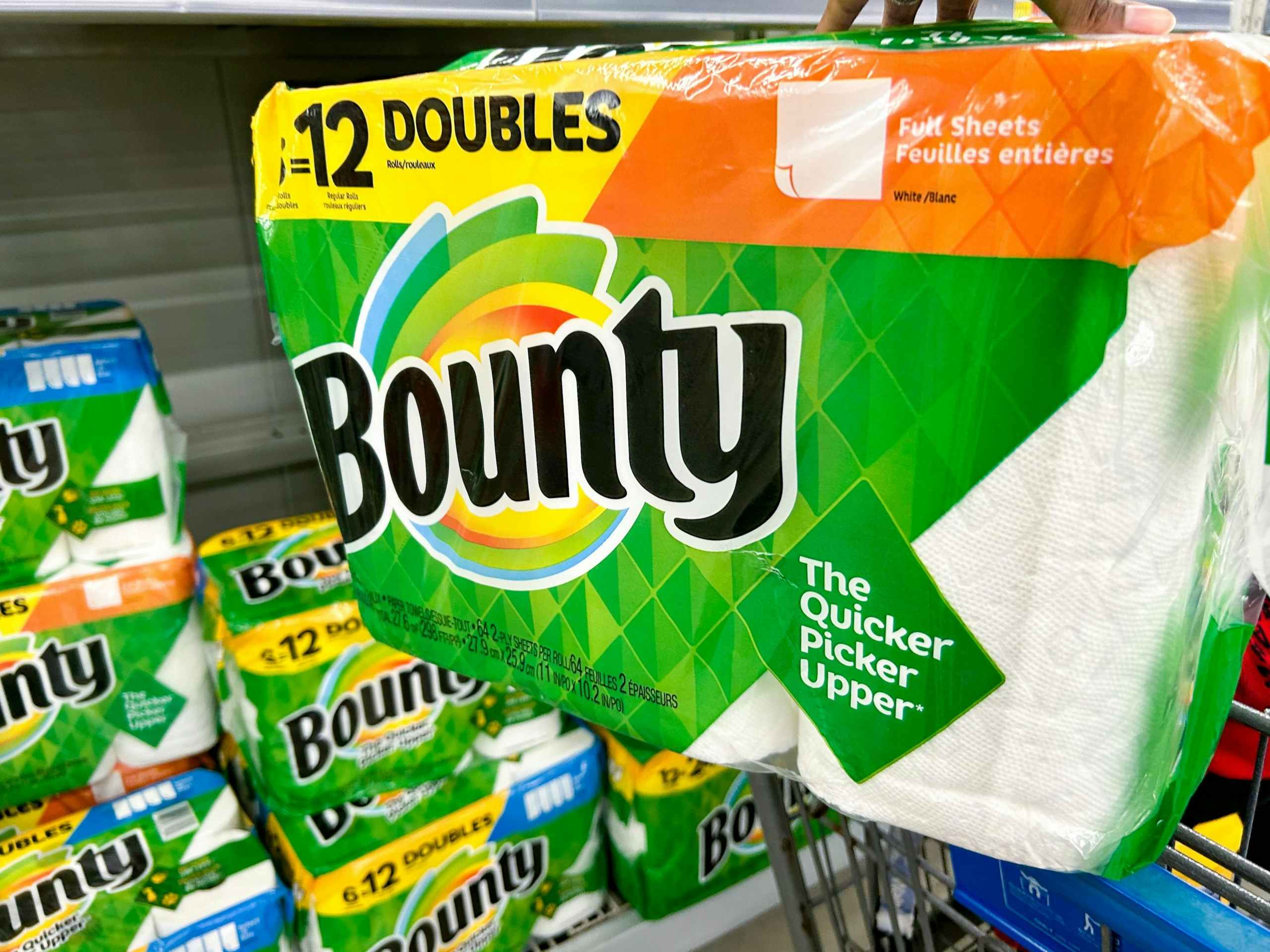 bounty paper towels at Walmart on a cart
