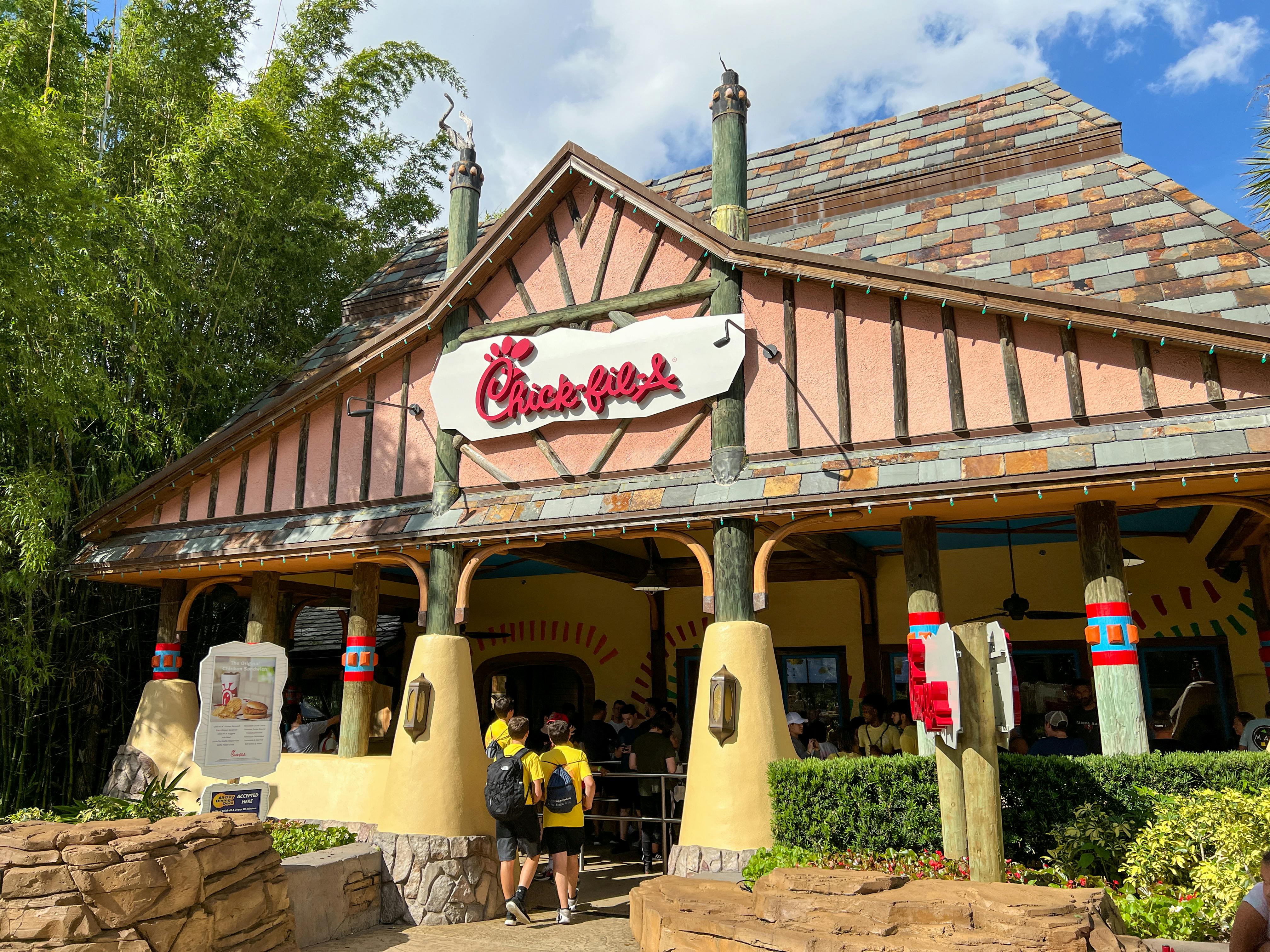 Park visitors waiting in line at the Chick-Fil-A at Busch Gardens Tampa Bay