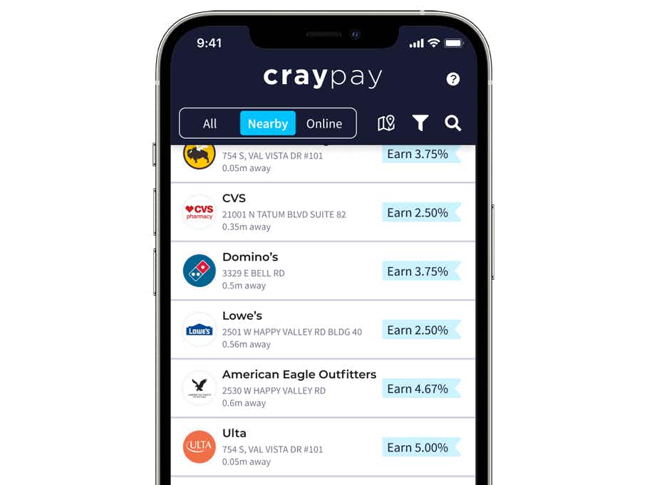 craypay app screenshot showing cashback discounts