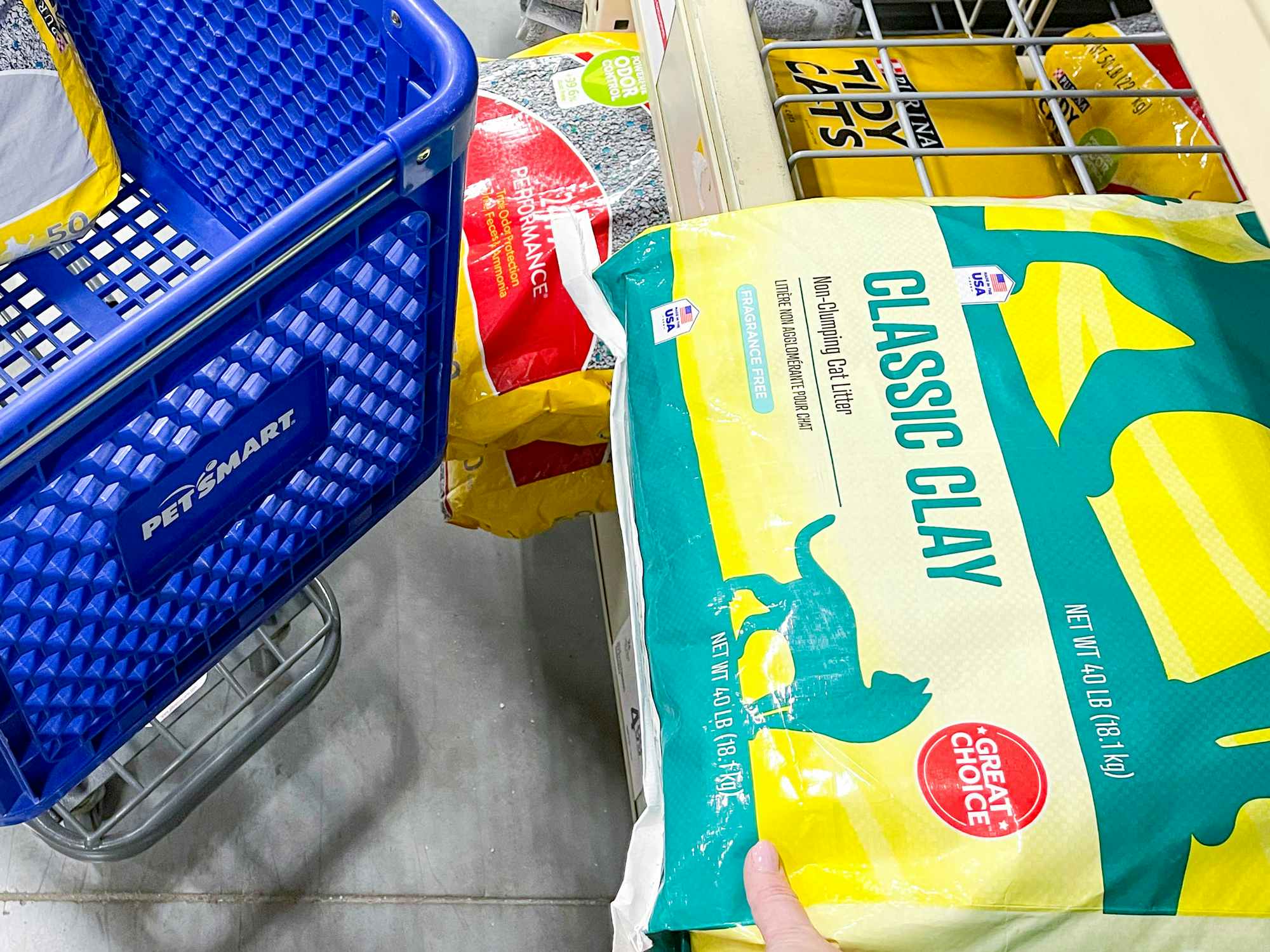 great choice classic non-clumping clay cat litter next to petsmart shopping cart