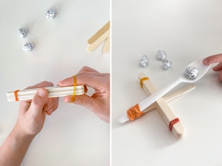 kids making and playing with diy popsicle stick spoon and rubber band catapult