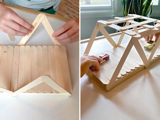 children putting together and playing with diy popsicle stick bridge