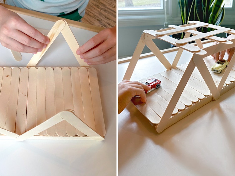children putting together and playing with diy popsicle stick bridge