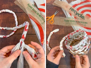 Someone weaving a basket out of braided strips of plastic grocery bags