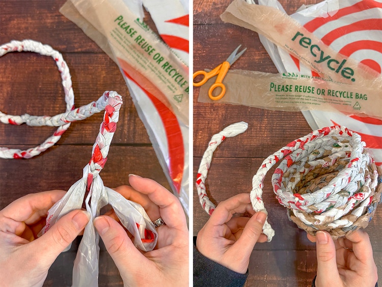 Someone weaving a basket out of braided strips of plastic grocery bags