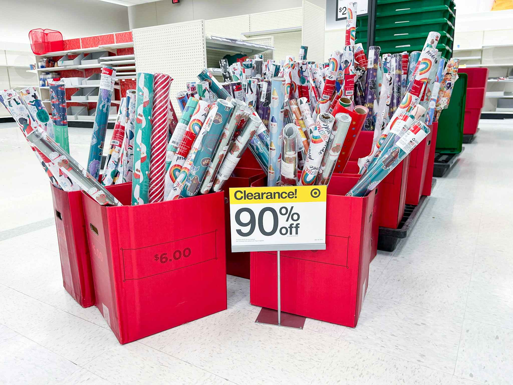 Wrapping paper boxes for 90% off during the Target after Christmas clearance sale.