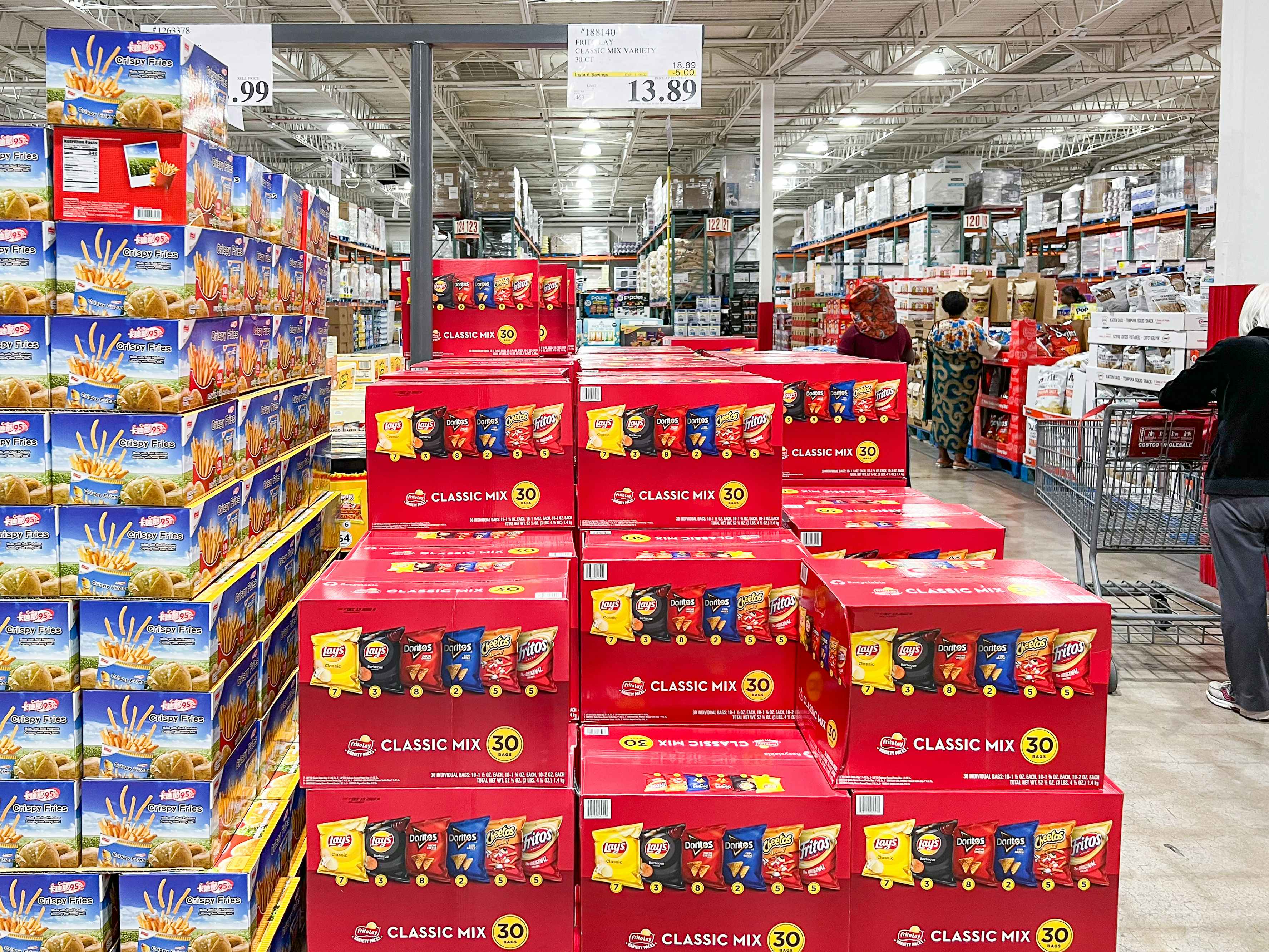 A stack of bulk classic mix chips on display at Costco Business Center
