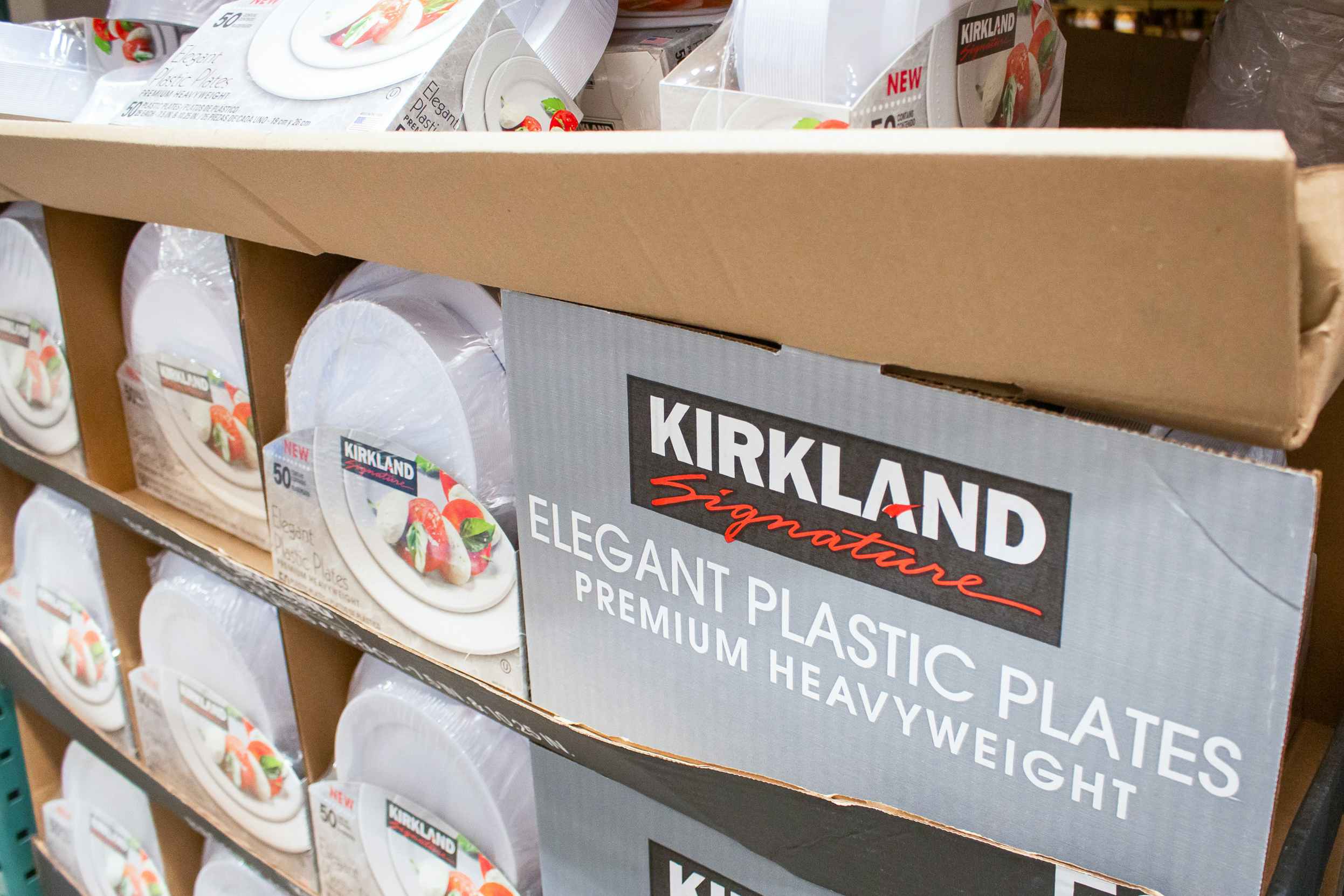 Plastic Kirkland Signature plates stocked on the sales floor
