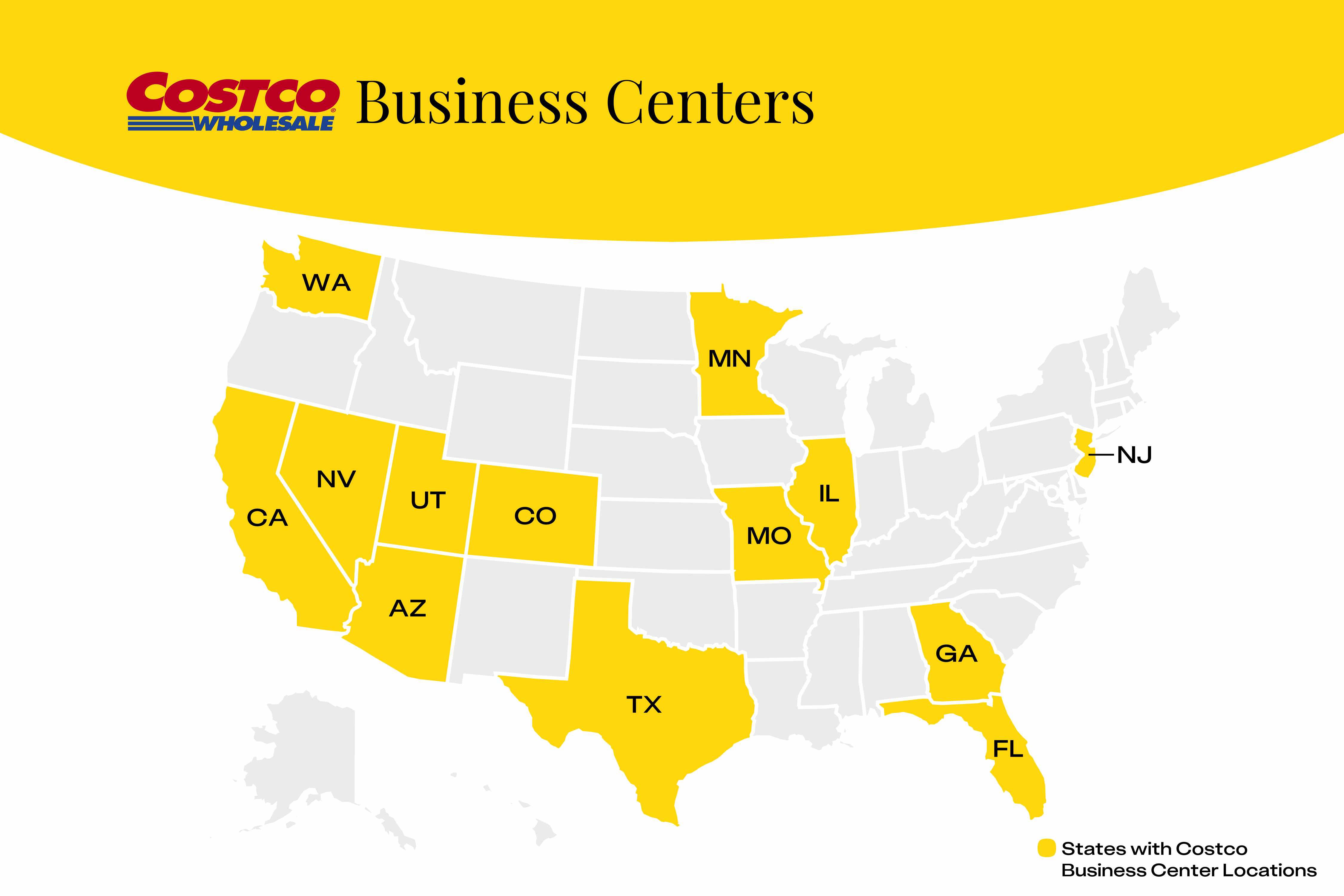 Map showing the U.S. states with Costco Business Center locations.
