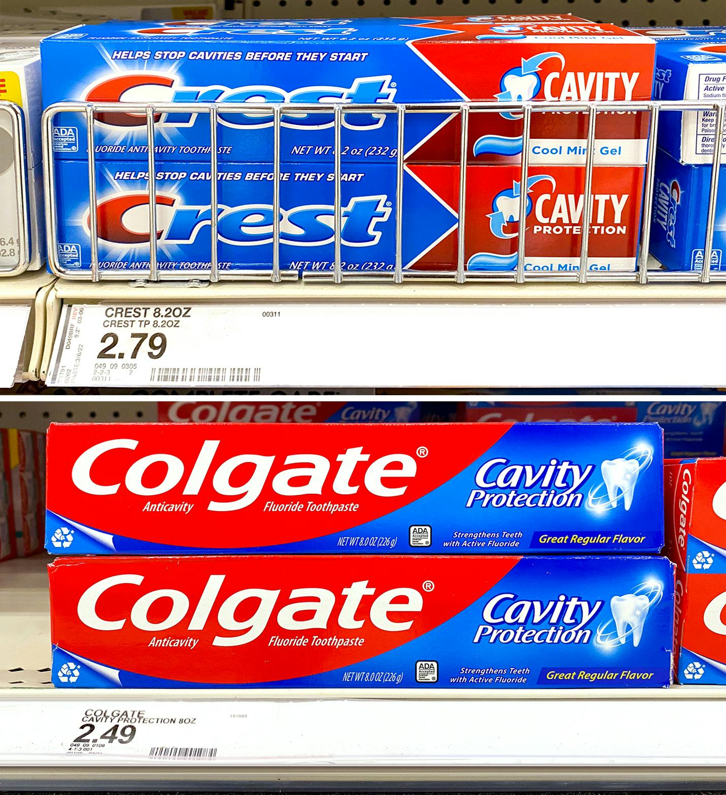 2-up of colgate and crest cavity protection toothpaste with prices on target shelves