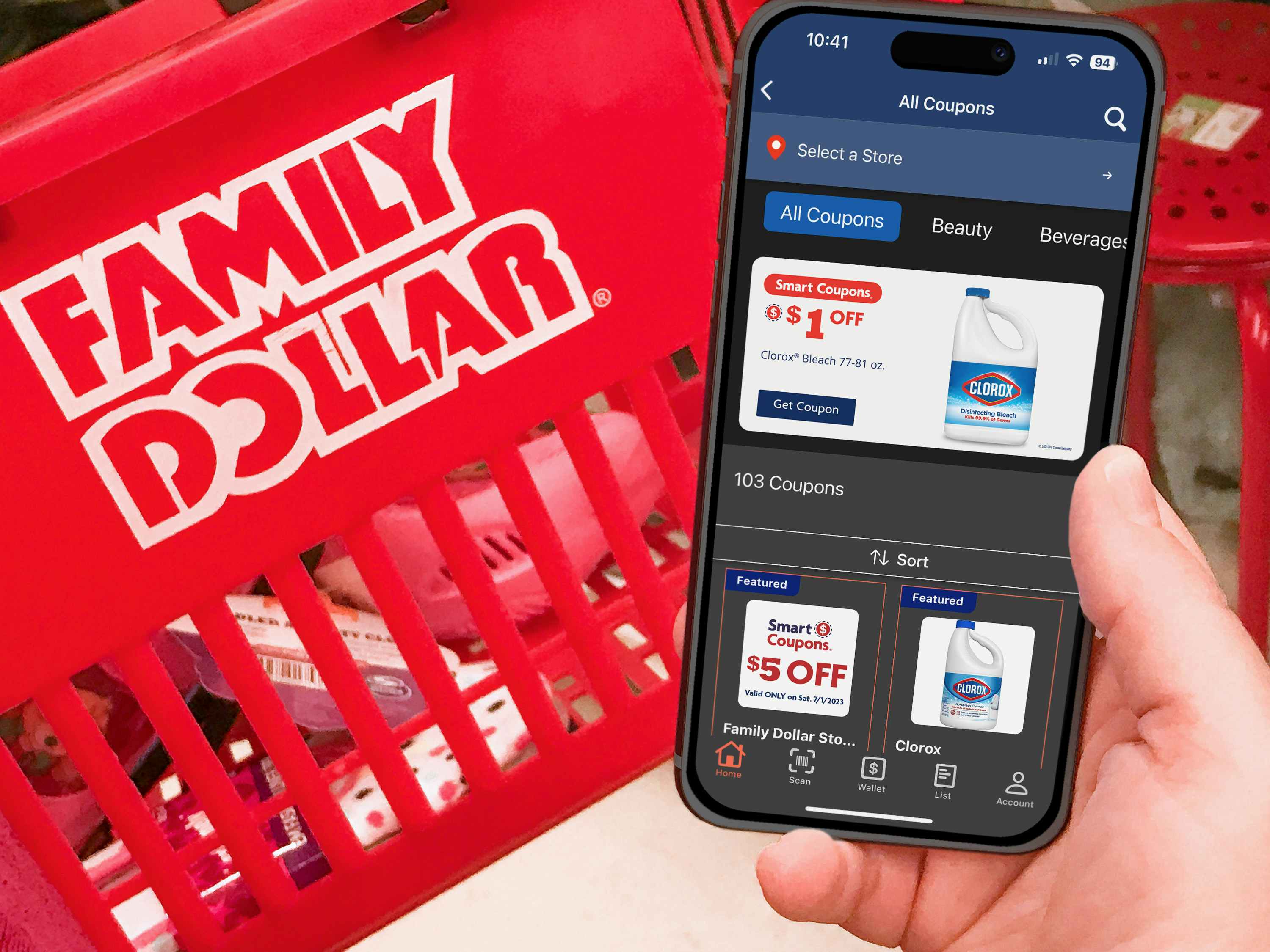 Someone looking at the Family Dollar app in front of a Family Dollar basket
