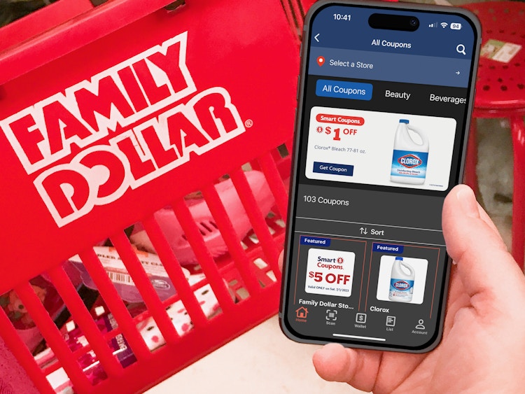 Someone looking at the Family Dollar app in front of a Family Dollar basket