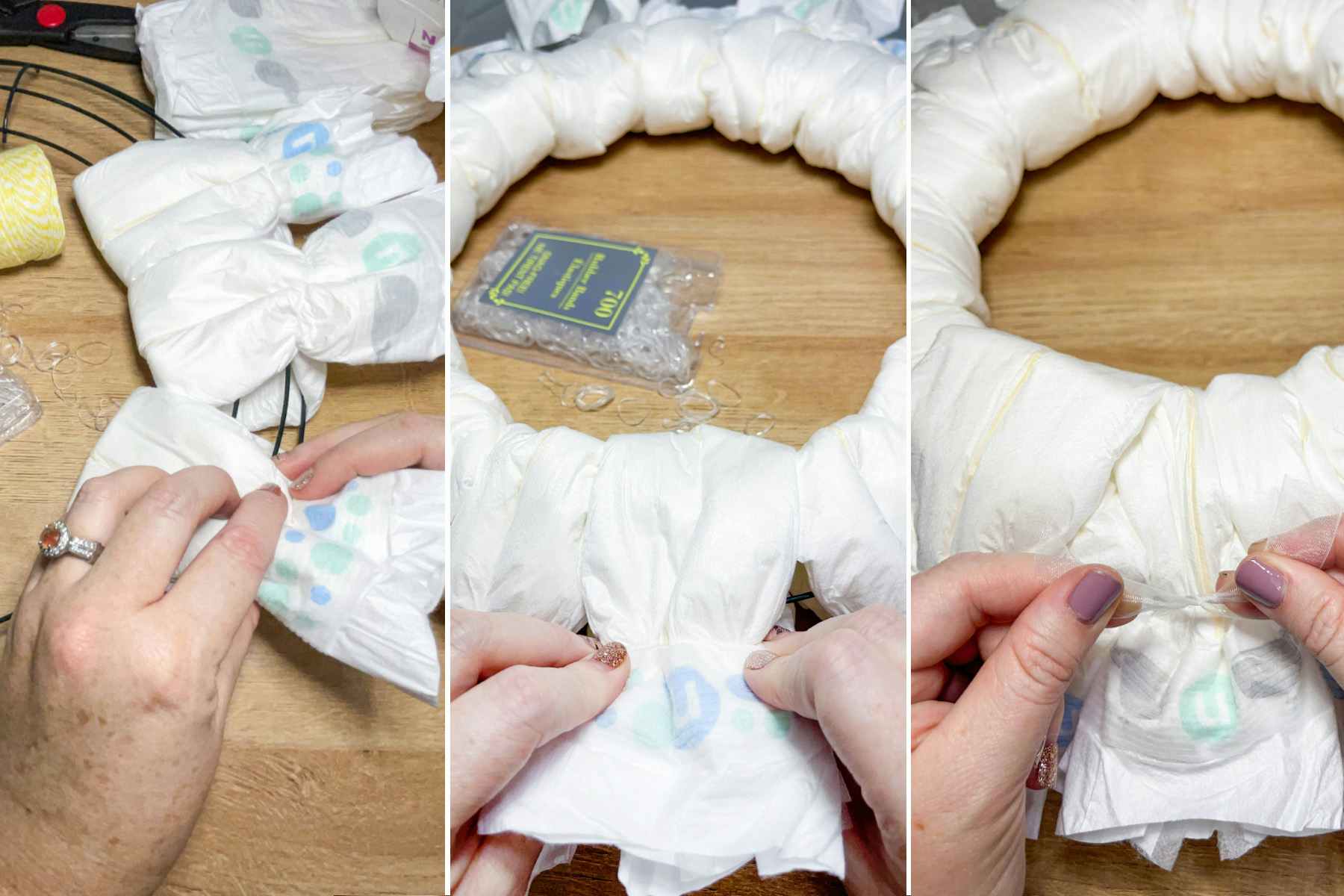 three images of a diaper being tied to a diy diaper wreath
